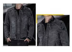 Détails d'une veste en jean vintage pour hommes avec délavage à l'acide et zips métalliques