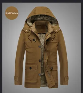 Detail of khaki men's thick hooded parka with faux lamb wool lining and cargo pockets