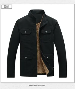 Detail of men's winter cargo jacket featuring four pockets and warm brown fleece lining