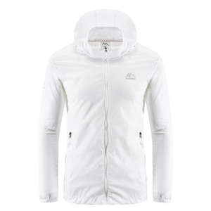 Leichte weiße Sonnenschutzjacke mit Kapuze, Reißverschluss und Berg-Logo für Outdoor