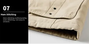 Gros plan sur l'ourlet de veste en coton kaki avec coutures doubles et rivets