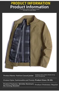 Detail showing khaki stand collar casual jacket with classic plaid lining and zipper closure
