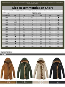 Size chart for men's winter parka showing height and weight recommendations from M to 5XL