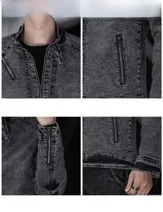 Détails d'une veste en jean délavé avec col montant côtelé et poches zippées en métal
