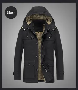 Detail of men's black winter parka showing thick brown faux shearling lining and hood