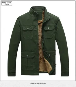Men's winter military green work jacket with warm thick brown fleece lining and pockets