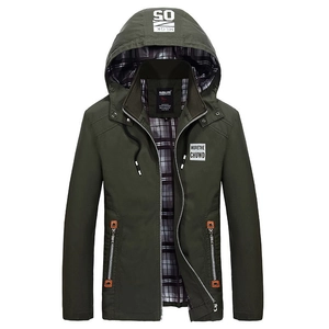 Army green hooded jacket for men with zipper closure and checkered lining detail