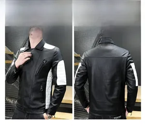Detailed front and back views of a slim-fit black faux leather biker jacket with white accents