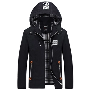 Men's black casual hooded jacket with stylish plaid lining and white letter print