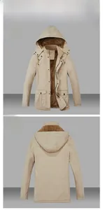 Front and back view of khaki winter hooded jacket with warm fleece lining and pockets