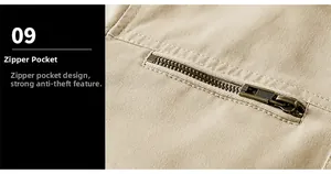 Détail d'une veste cargo montrant une poche zippée en métal et un tissu en coton sergé
