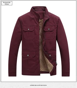 Detail view of wine red men jacket with fleece lining and multiple cargo pockets