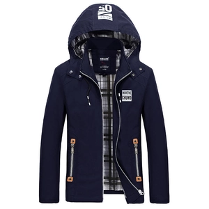Men's navy blue hooded windbreaker with black and white plaid lining and front zip pockets