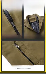 Detail of khaki jacket showing metal zipper, ribbed collar, and secure side pockets