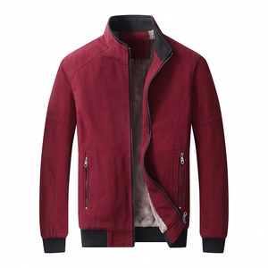 Men's winter burgundy stand collar jacket with fleece lining and ribbed black cuffs