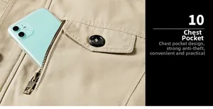 Détail de la veste en sergé de coton kaki avec poche zippée et rabat à bouton