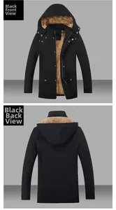 Front and back views of a men's winter hooded jacket with thick warm brown fleece lining