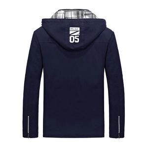 Men's navy hooded windbreaker jacket with back graphic print and checkered hood lining