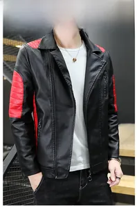 Detail of black PU leather motorcycle jacket featuring red diamond quilted shoulder patches
