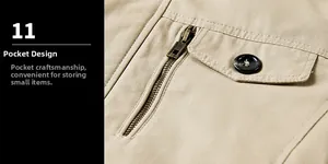 Détail d'une veste kaki montrant des poches avec fermeture éclair et rabat boutonné