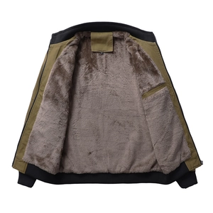 Mens winter cargo jacket with warm fleece lining and knitted ribbed cuffs in khaki