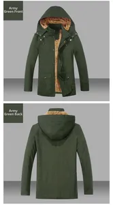Front and back view of men's army green hooded jacket with warm faux lamb wool lining