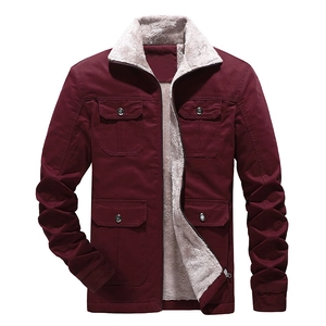 Men's winter burgundy canvas jacket with white sherpa lining and four utility pockets