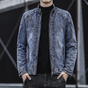 Veste en Jean Homme Mélange Coton Délavage Acide Col Montant Coupe Ajustée Multi Poches Zip Streetwear Vintage Mode Coréenne
