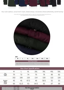 Size chart for men's casual jacket showing length, chest, shoulder and sleeve specs