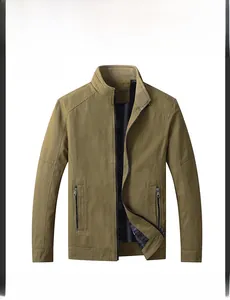 Detailed front view of khaki cotton casual jacket with stand collar and zipper pockets