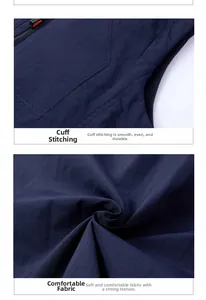 Vue détaillée des coutures du poignet et de la texture douce du gilet d'extérieur bleu