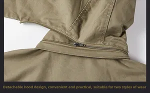Detail of khaki jacket with detachable hood and metal zipper showing high-quality stitching