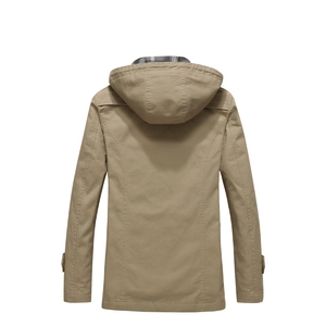 Back view of a khaki hooded cotton jacket for men featuring a classic plaid lining inside the hood