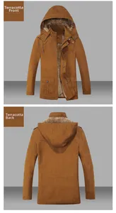 Front and back views of a thick mustard yellow men parka jacket with warm fleece lining