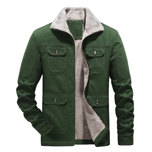 Men's dark green military sherpa jacket with four flap pockets and warm lining