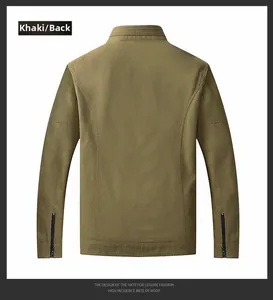 Rear view of khaki cotton casual jacket showing stand collar and zipper sleeve details