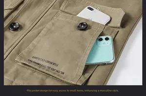 Detail of the durable khaki cotton jacket pocket with black button and utility styling