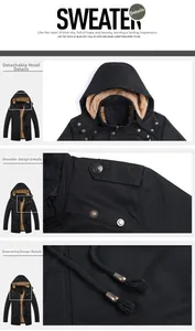 Detail of men's winter parka showing detachable hood, shoulder epaulets, and drawstring
