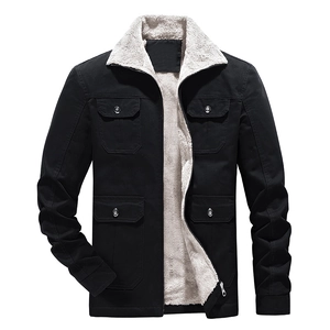 Men's black workwear jacket with beige fleece lining, turn-down collar and four pockets
