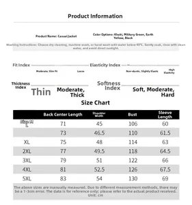 Tableau des tailles pour veste décontractée homme avec mesures précises et soin du linge