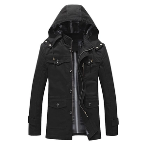 Men's black hooded washed cotton jacket with multi-pockets and stylish check lining