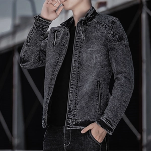 Veste en jean pour hommes, coupe ajustée, délavage à l'acide, col montant et zips