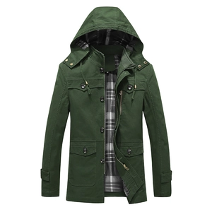 Men's dark green hooded jacket with utility pockets and a classic plaid lining detail