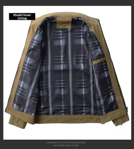Detail view of khaki jacket interior featuring grey plaid lining and size label