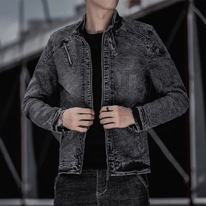 Veste en jean rétro ajustée pour homme gris foncé avec détails de fermeture éclair