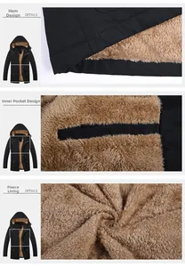 Detail view of thickened fleece lining, inner pocket, and straight hem of winter jacket