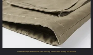 Detailed view of heavy-duty double stitching and durable hem on the khaki parka jacket