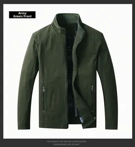 Detailed front view of army green men jacket with metal zipper and ribbed stand collar