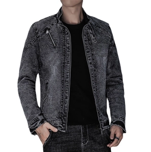 Veste en jean gris foncé délavé pour homme, coupe ajustée avec col montant zippé
