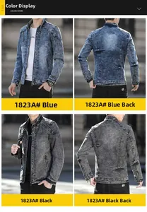 Detail of slim-fit denim jacket showing blue and black washes with ripped stitching